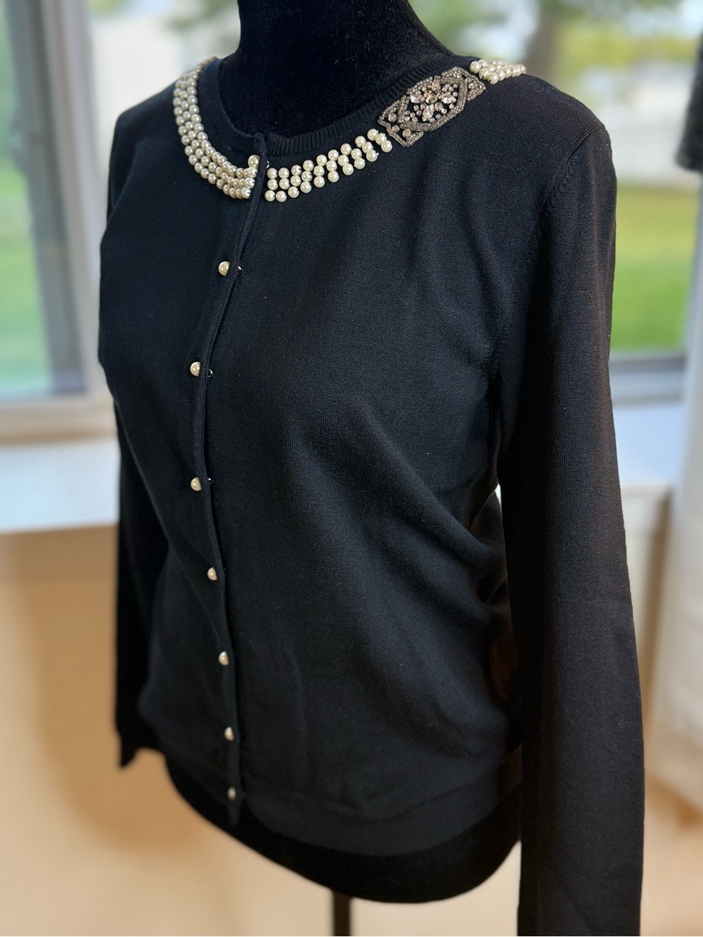 Vintage NWT LACE black cardigan 50’s inspired silk blend pearl rhinestones chic - Picture 3 of 11